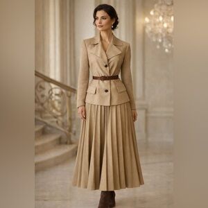 Anne Klein Elegant Tan Wool Cashmere Belted Blazer Knitted Sleeves Sz Med